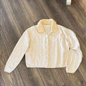 Vintage Cream Button-Up cardigan sweater with wool collar